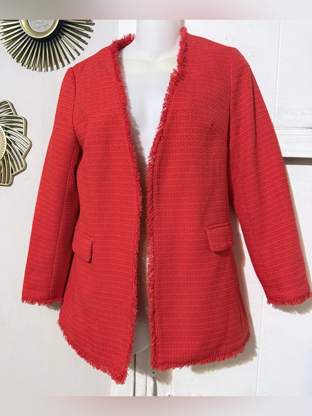 Banana Republic Red Frayed Open-Front Tweed Blazer